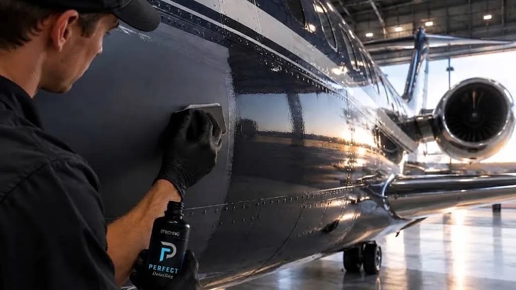 A technician working product across the fuselage of a business jet with a block applicator, bottle in hand, inside a hangar