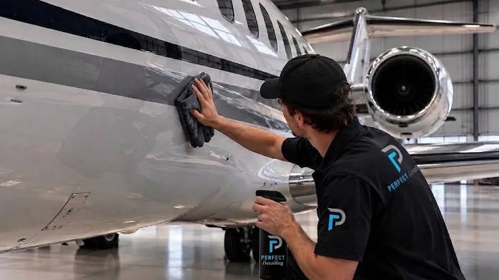 A Perfect Detailing technician drawing a microfibre cloth along the polished fuselage of a business jet in a hangar