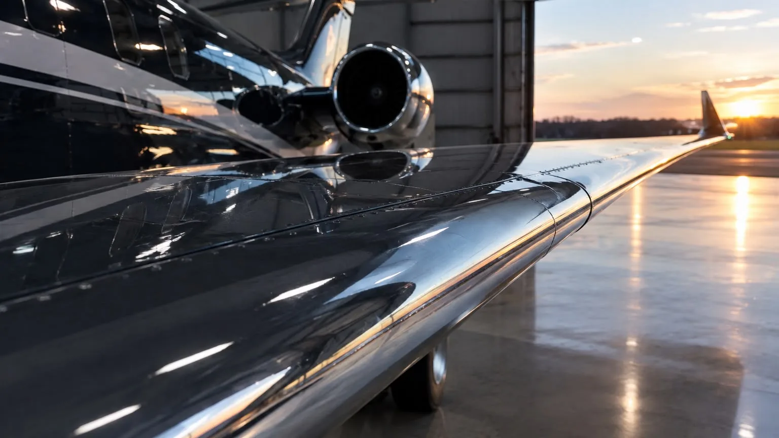 The polished wing and engine nacelle of a business jet in a hangar at sunset, the leading edge running unbroken towards the open door