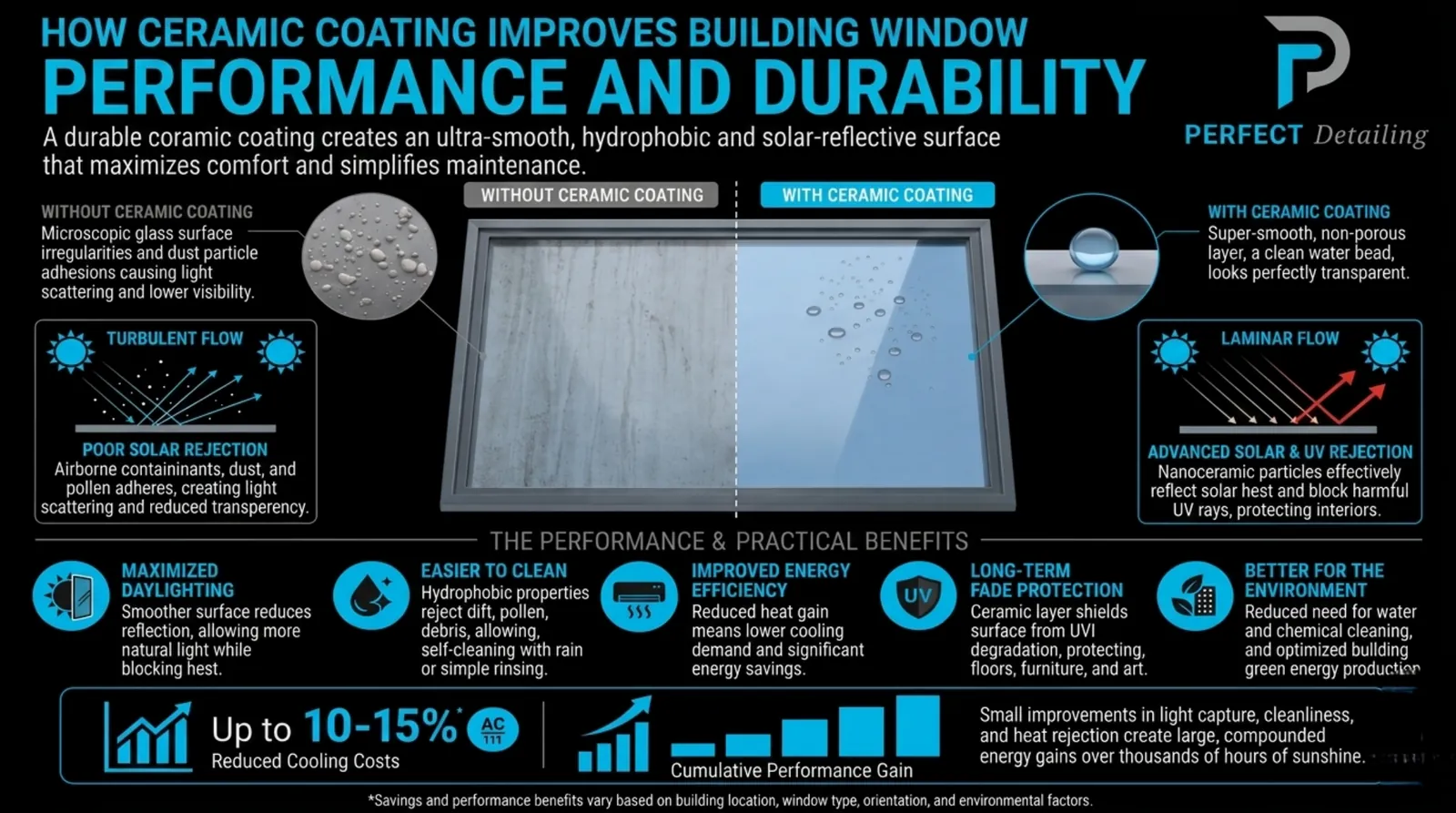 Split comparison of building glazing with and without ceramic coating, showing solar and UV rejection against light scattering and dust adhesion