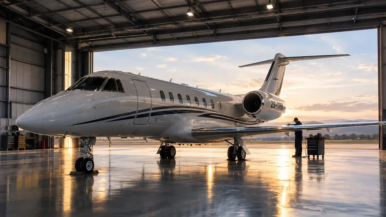 A business jet standing in a hangar at sunset, a technician working along the wing leading edge with the apron beyond