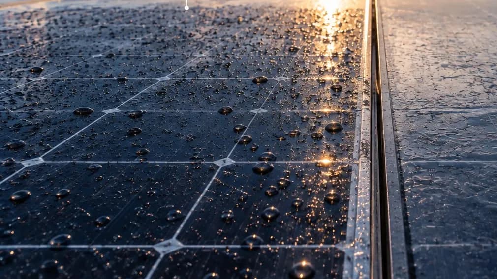 Water standing in discrete beads across a coated solar module at sunrise, the uncoated panel beyond it holding a flat film