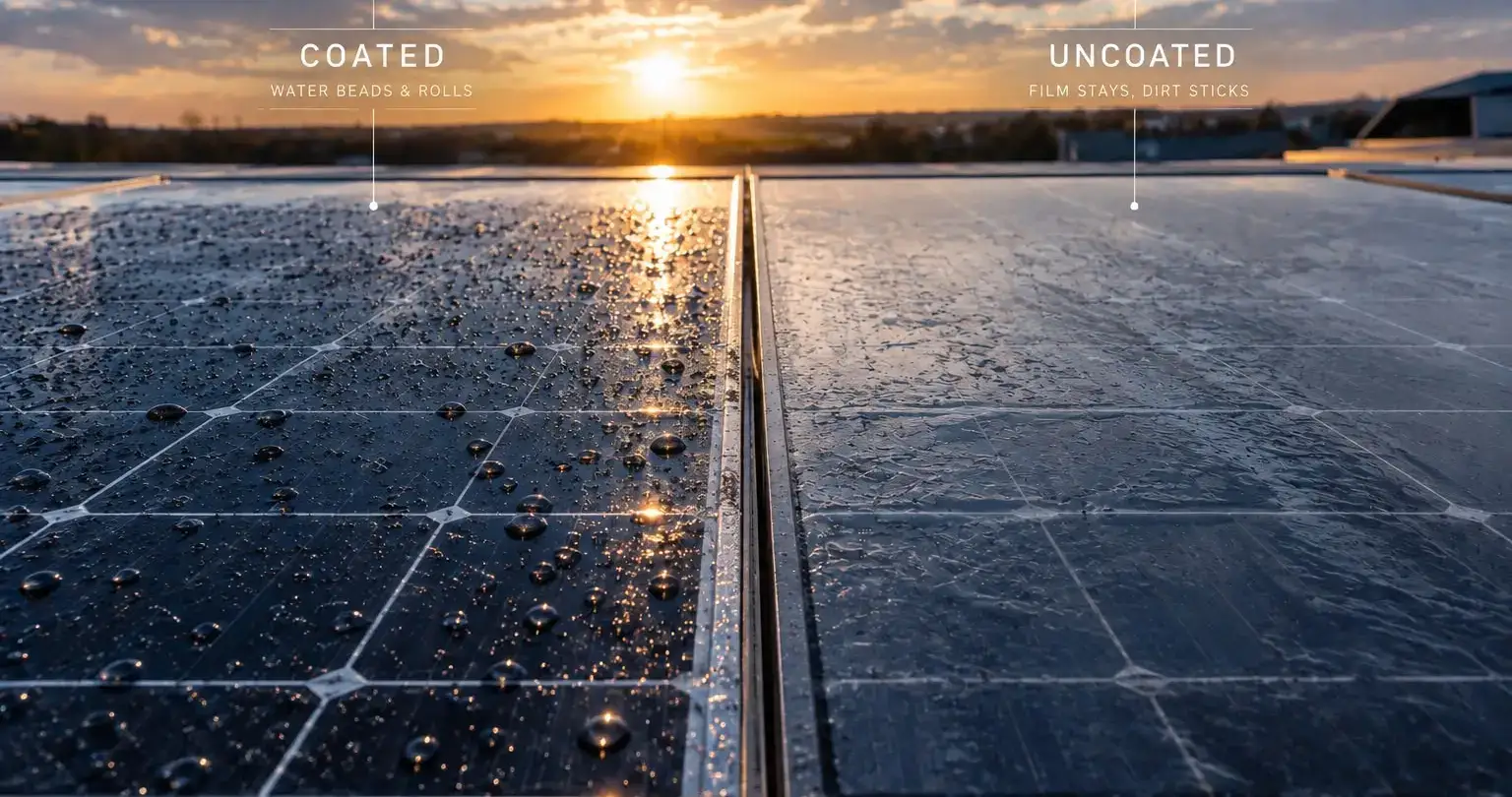 Two adjacent rooftop modules at sunrise: the coated one on the left holding water in discrete beads, the uncoated one on the right covered by a flat dirty film