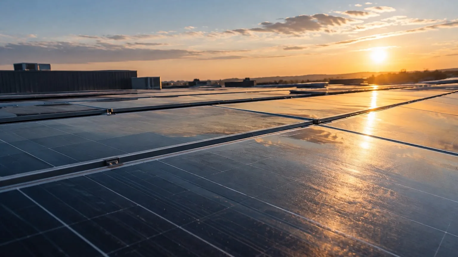 A rooftop photovoltaic array at sunrise, the wet coated modules returning the low sun as one clean sheet of light