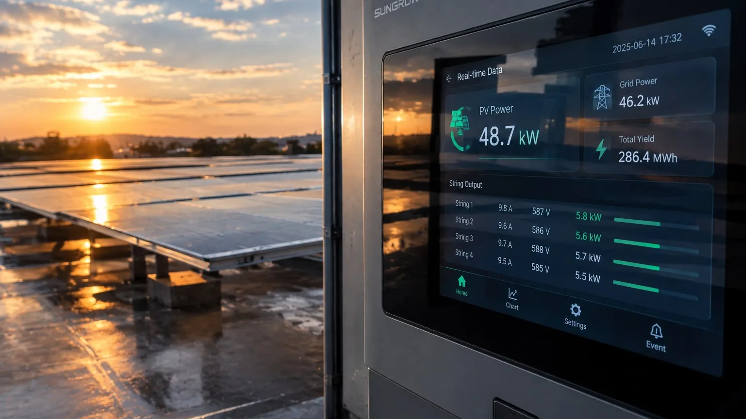 A rooftop inverter display reading 48.7 kW of PV power and 286.4 MWh of total yield, mounted beside the array it monitors