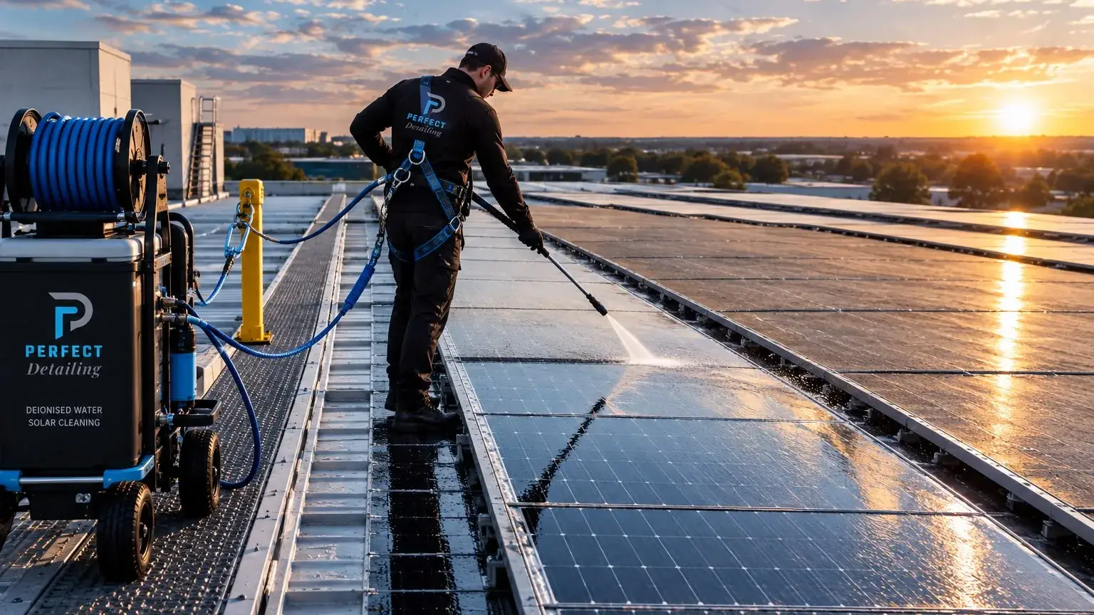 A Perfect Detailing technician walking a rooftop array at sunset, working from a deionised water cleaning rig parked on the walkway