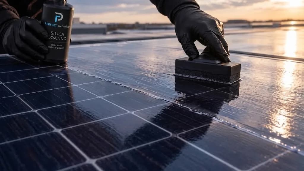 Gloved hands working Perfect Detailing silica coating across a solar module with a block applicator, the bottle standing on the panel alongside